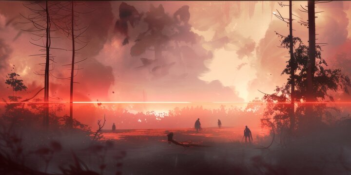 Post-apocalyptic wasteland landscape with red burning sky, destroyed city ruins in smoke, dystopian concept art