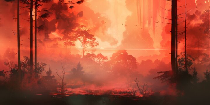 Post-apocalyptic wasteland landscape with red burning sky, destroyed city ruins in smoke, dystopian concept art
