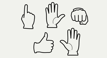 Obraz premium Set of Outline Hand Gestures Including Pointing, Open Palm, Fist, Thumbs Up, and Waving