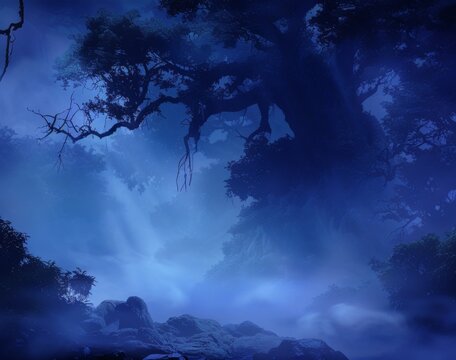 Mysterious dark blue fantasy forest and mountain landscape in thick fog, alien world concept art