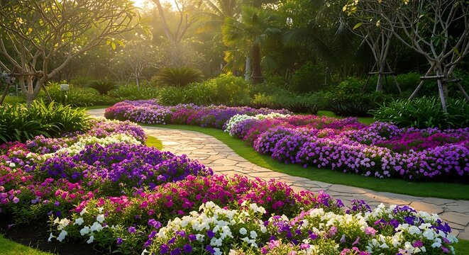 A serene stone pathway winding through a lush garden filled with blooming purple and white dwarf mexican petunia flowers under a golden morning sun