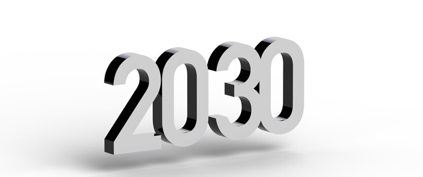 3D rendering of the year 2030, a futuristic vision of time, future planning and goal setting on white background. Illust