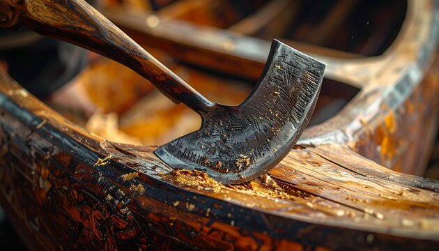 Close-up of traditional adze with curved blade for wood carving