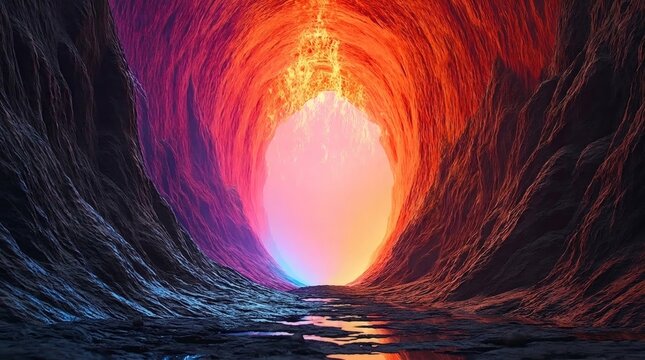 Epic fiery lava river flowing through dark volcanic cave, glowing hot magma tunnel concept art