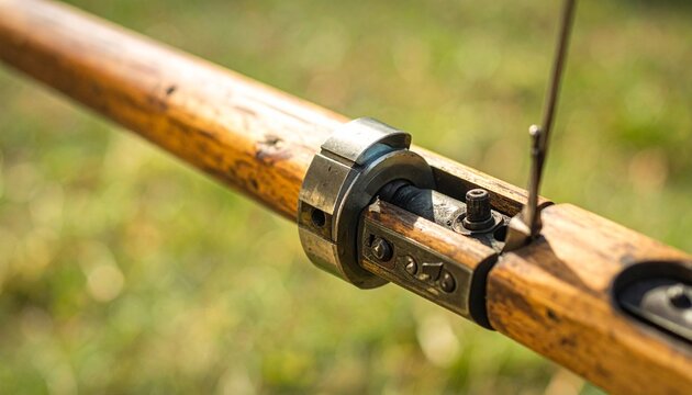 Close-up of wooden crossbow trigger mechanism detail