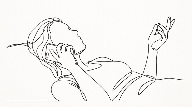 Minimalist line art vector of a person reclining and talking on a smartphone in side profile for lifestyle, communication, and digital illustration collections