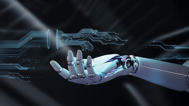 The world of artificial intelligence in hand robot on dark background