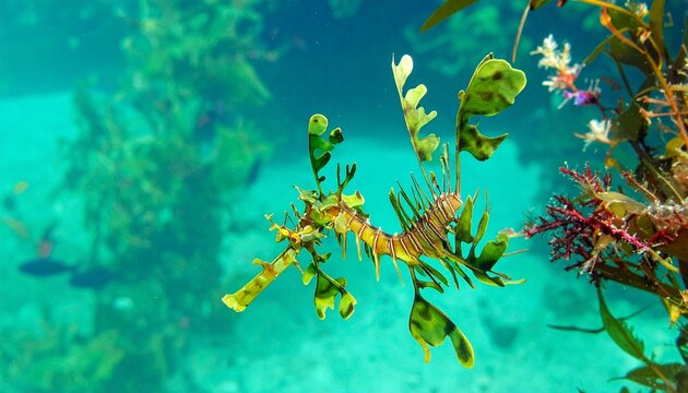 Leafy seadragon with intricate leaf-like appendages in ocean habitat