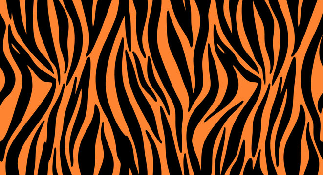 Orange and black tiger stripes pattern, seamless vector illustration