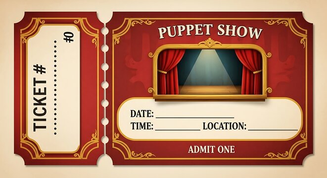 Ornate ticket for a puppet show, featuring a stage and space for event details