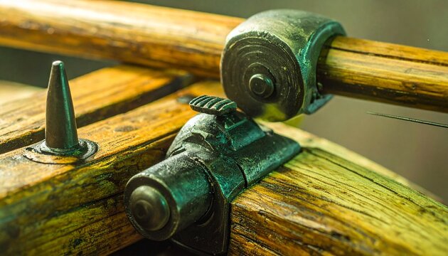 Close-up of medieval crossbow trigger mechanism on wooden tiller