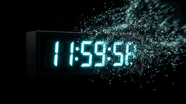 Digital alarm clock showing eleven fifty-nine begins to shatter into a flurry of light particles, symbolizing the final moments before a deadline or the urgent transition of time.