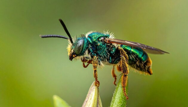 Close-up of iridescent orchid bee with metallic turquoise and gold body on plant
