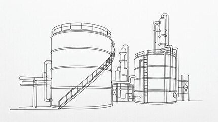 Minimalist line art vector of industrial facility with storage tanks and pipes for engineering, factory, chemical, oil, and industrial illustration collections © MdMonsur