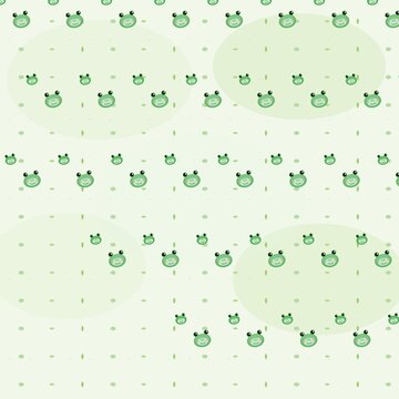 Kawaii Frog Seamless Pattern with Lily Pads and Leaves in Parallelogram Layout on Sage Green Background
