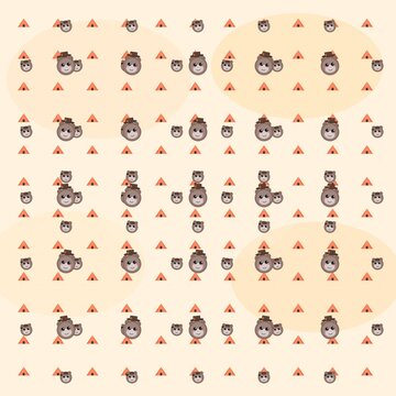 Kawaii Bear Camper Seamless Pattern with Tents and Campfire in Cross Layout on Warm Orange Background