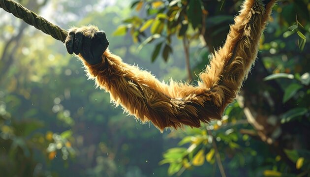 Close-up of gibbon swinging through forest canopy with motion blur