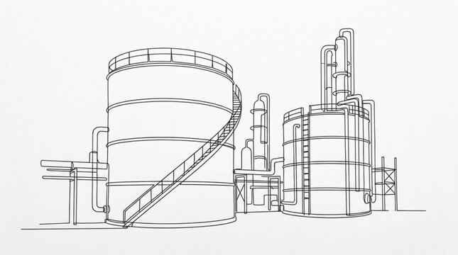 Minimalist line art vector of industrial facility with storage tanks and pipes for engineering, factory, chemical, oil, and industrial illustration collections