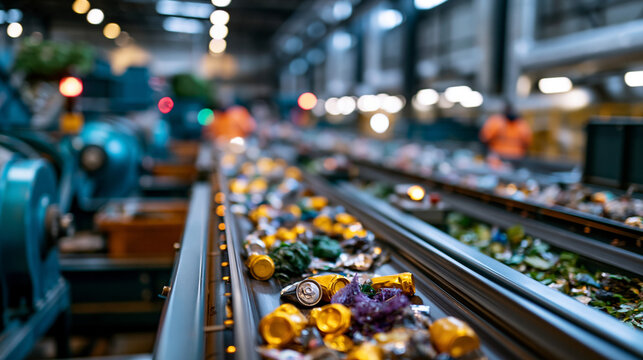 Interior of a busy automated waste sorting plant with multiple parallel conveyor lines carrying different categories of sorted material industrial machinery and workers