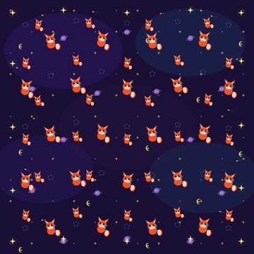 Kawaii Fox Astronomer Seamless Pattern with Planets and Stars on Dark Purple Background
