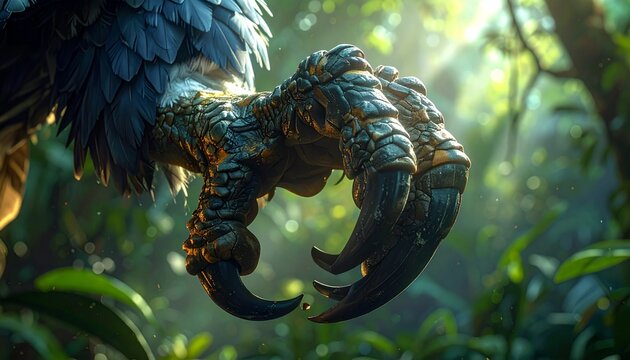 Close-up of harpy eagle talon gripping branch in tropical forest sunlight