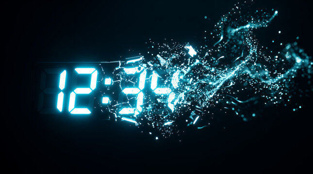 Digital clock displaying twelve thirty-four dissolves into a cascade of glowing blue particles against a dark void, illustrating the abstract concept of passing time and technological decay.