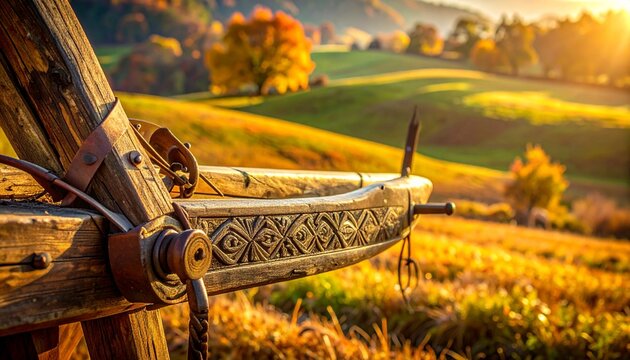Close-up of hand-carved wooden plow share in golden field at sunset