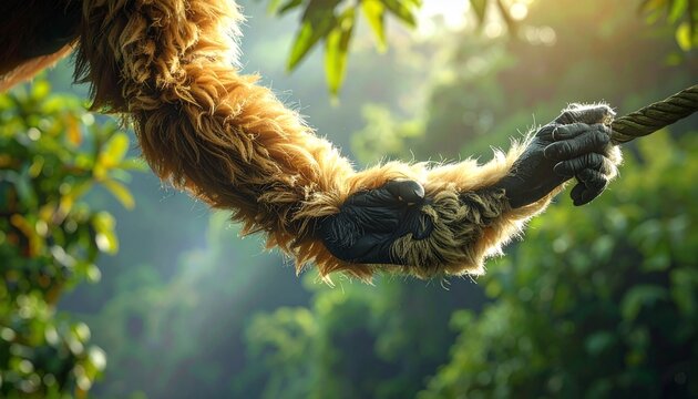Gibbon swinging on tree branch in tropical forest close-up