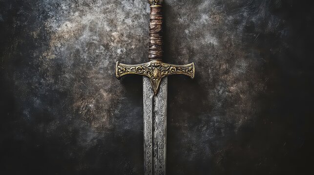 Medieval sword displaying damascus steel blade and ornate brass crossguard, featuring weathered metal texture and rustic patina in dramatic studio lighting.