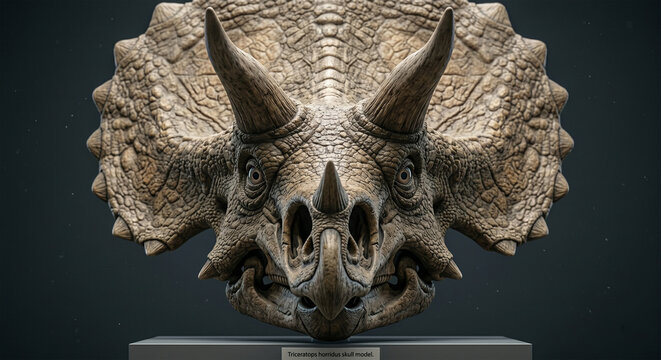 A detailed portrait focusing straight onto the skull of Triceratops horridus. It showcases the forward-facing brow horns, the central nose horn, and the wide, bony frill. 