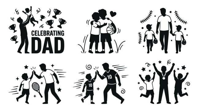 Father's Day sports celebration silhouettes of dad and children playing soccer, basketball, baseball, tennis, and winning trophies in hand-drawn style