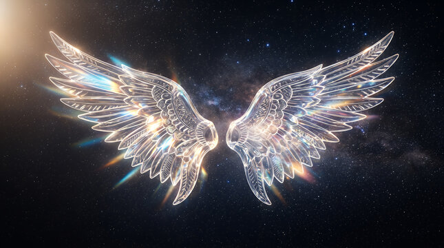 Wings fashioned from crystalline structures shimmer against a dark celestial background, symbolizing hope and spiritual ascension in a divine conceptual display that captures the essence of eternity.