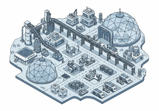 Futuristic isometric city with domes, monorails, and advanced technology.