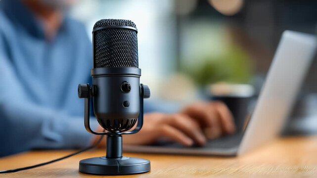 Professional microphone close up with laptop background