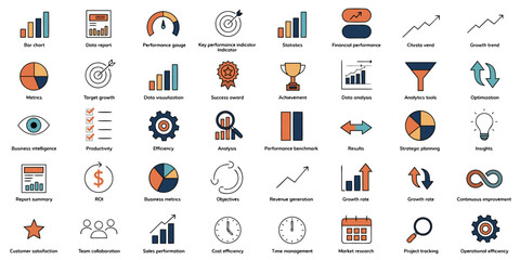 Fototapeta premium Professional business analytics and data visualization icons for financial reporting and growth strategy