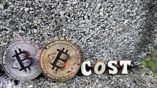 Gold and silver Bitcoin coins with wooden letters spelling COST on a textured background