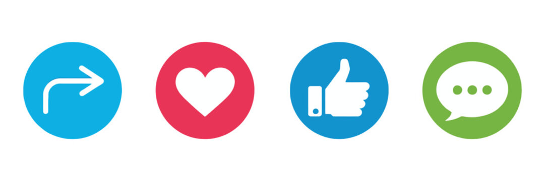 Like Share Comment and Love Heart Icons Vector Illustration, Social Media Notification Buttons with Thumb Up, Heart Reaction, Comment, and Repost Symbols.