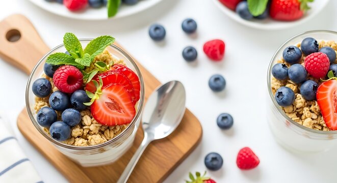 A vibrant and healthy dessert setup featuring yogurt parfaits with granola and mixed berries on a clean white background