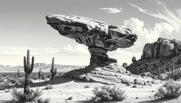 Desert rock formation with balanced mushroom-shaped hoodoo in arid landscape