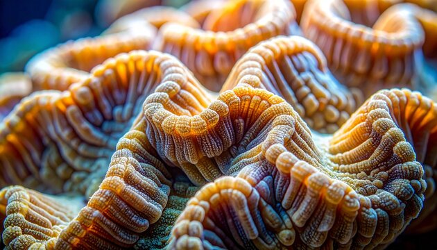 Close-up macro of brain coral with intricate groove patterns and valleys