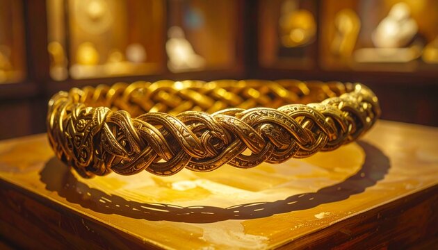 Close-up of ancient twisted gold torc with intricate terminal detail on display