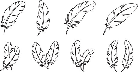 Eight minimalist black and white feather isolated on white background, also transparent background © MeJaMa