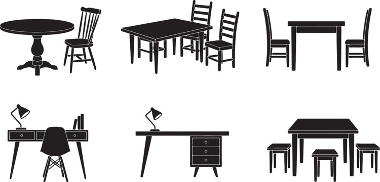 Silhouette of various tables and chairs, including dining and desk setups also transparent background