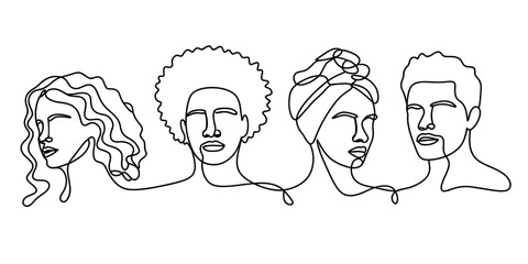 Group of diverse people faces in continuous line art style isolated on white background, Vector © Ponchomy
