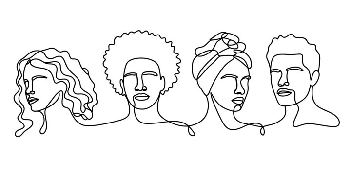 Group of diverse people faces in continuous line art style isolated on white background, Vector