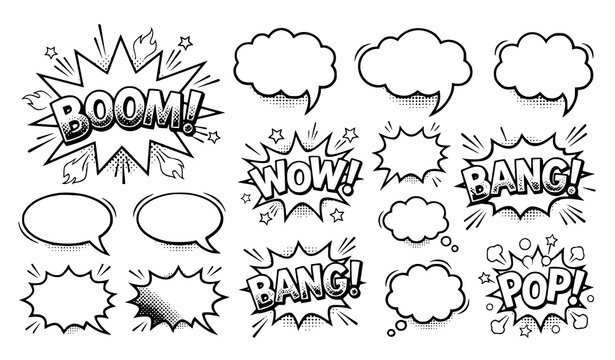 Pop Art Comic Speech Bubble, Explosion and Sound Effect Elements Set