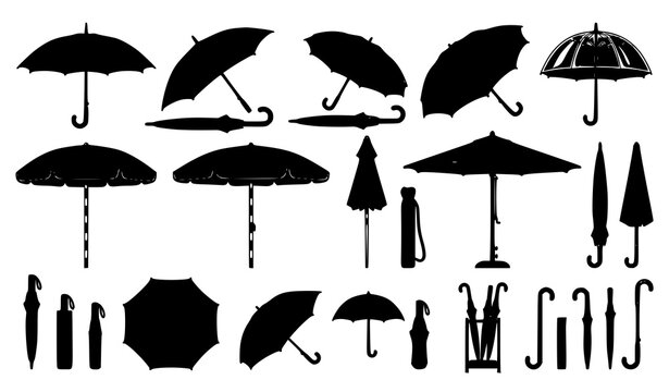 Beach Umbrella and Rain Umbrella Black Silhouette Vector Collection