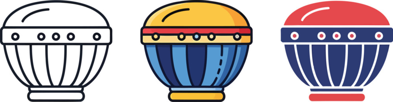 Collection of six colorful shekere percussion instrument icons.Colorful Shekere Instrument Collection in Decorative Style. Rhythm and Culture Concept