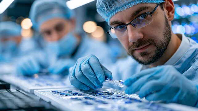 Cleanroom workers assembling medical device components on a white laminar flow bench, hairnets and sterile packaging visible, high-contrast overhead lighting, blank white walls, perfect for medical 
