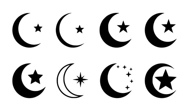 Islamic Crescent Moon and Star Decorative Religious Symbol Vector Set
